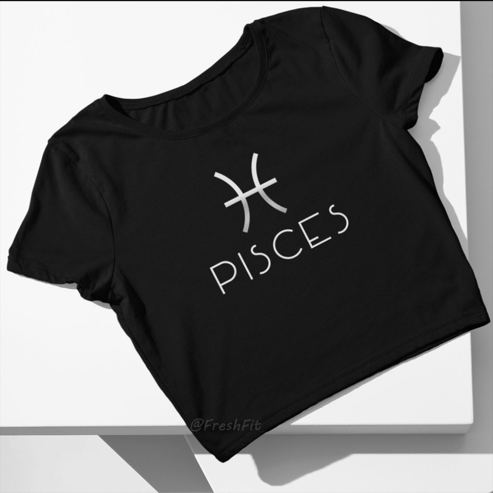 🆕Pisces Horoscope Zodiac Sign Cute Fitted Crop Top Tee Black/Silver - Picture 2 of 5